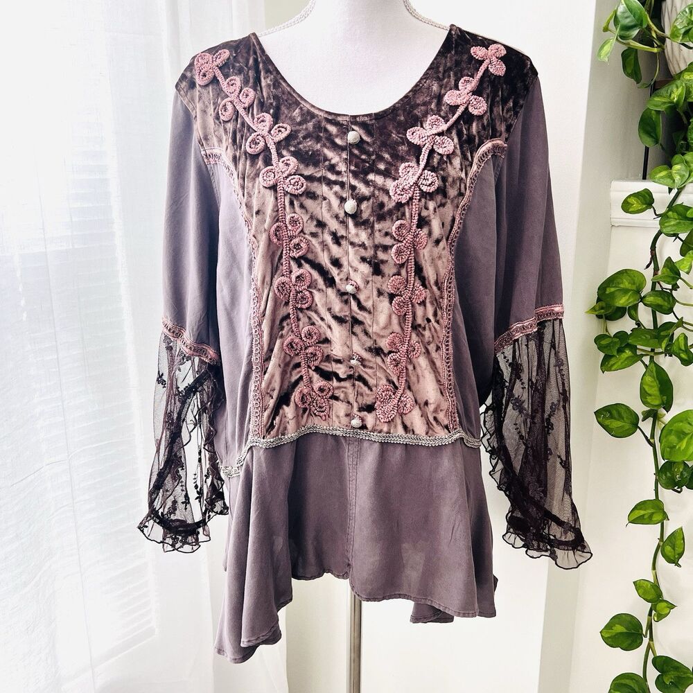 Indigo Thread Co Taupe Floral Embroidered Lacy Bell Sleeve Cottagecore Blouse.